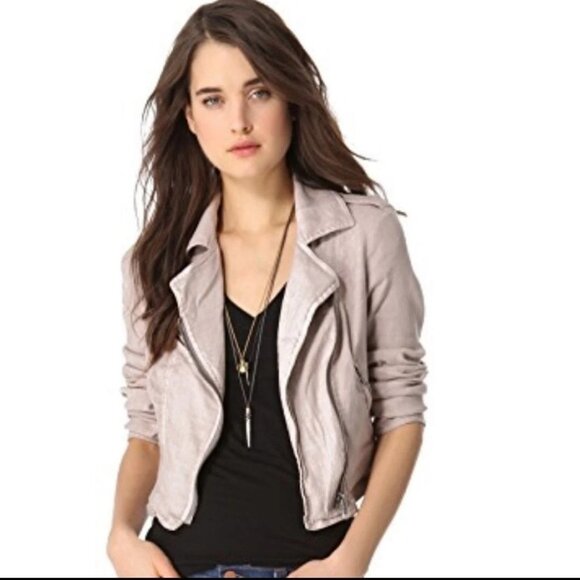 Free People Jackets & Blazers - FREE PEOPLE Linen Neutral Blush Pink Cropped Moto Jacket SZ 4